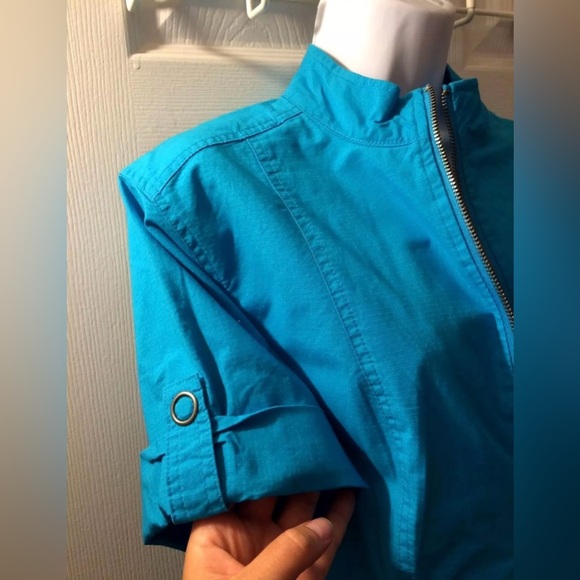 CHICO’S Regatta Cotton Seaway Aquarius Jack Coat Short Sleeve Turquoise Blue - Picture 3 of 8